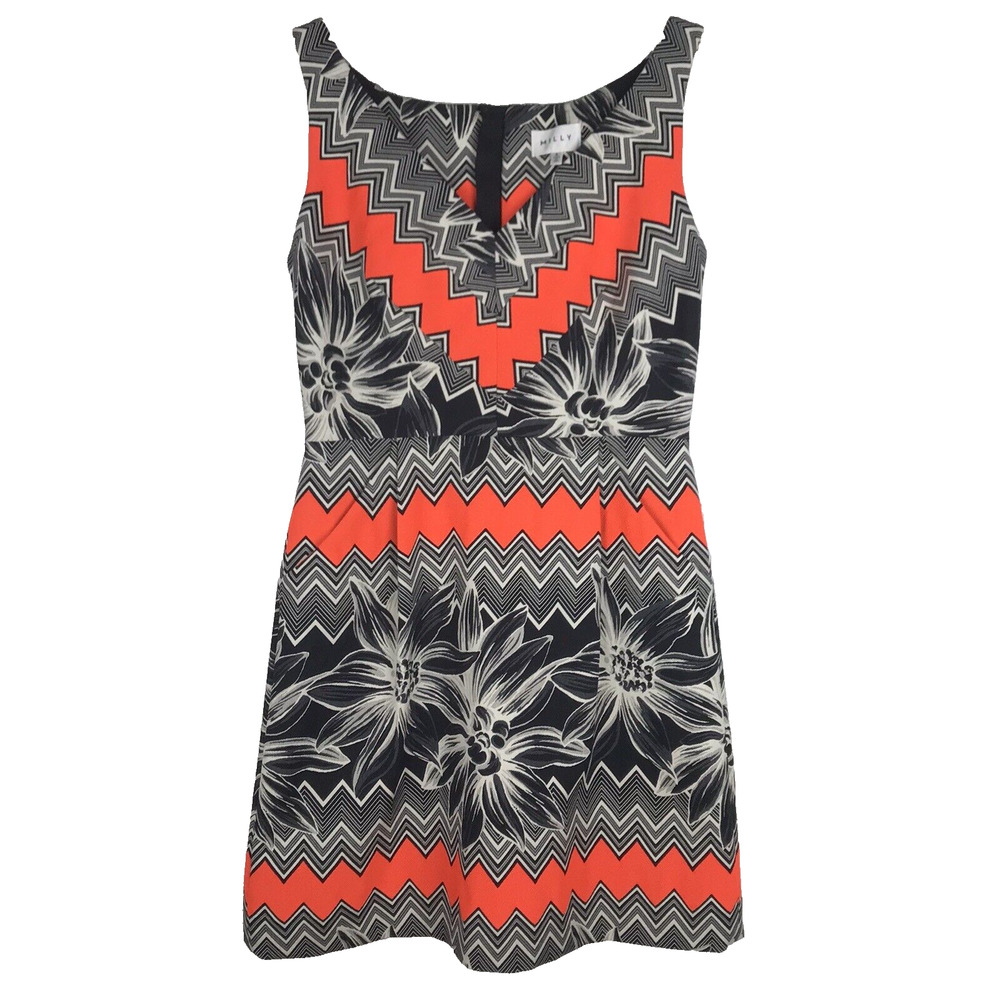 MILLY Fit Flare Sleeveless V-Neck Mini Dress Orange Black White Floral Pockets 6